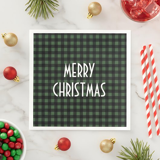 Rustic Green & Black Buffalo Plaid Vrolijk Kerstfe Servet