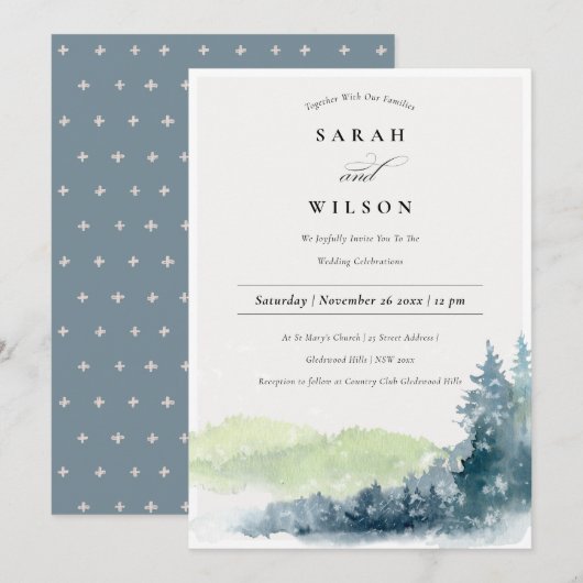 Rustic Green Blue Pine Snow Mountains Weddenschap Kaart (Voorkant / Achterkant)