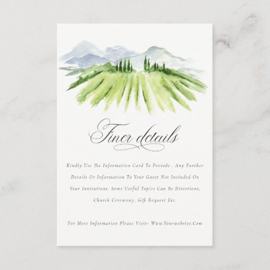 Rustic Green Blue Winery Vineyard Wedding Details Informatiekaartje (Voorkant)