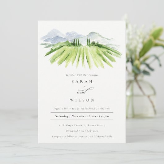 Rustic Green Blue Winery Vineyard Wedding Invite Bedankkaart (Staand voorkant)