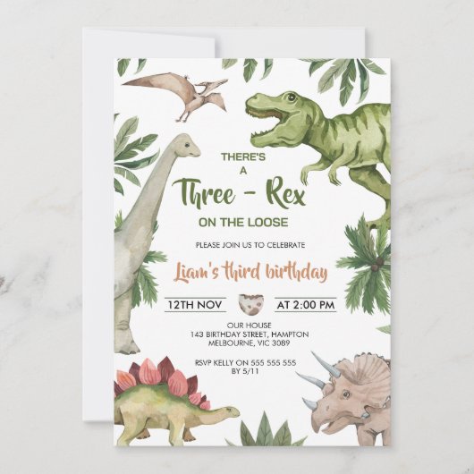 Rustic Green Brown Dinosaur Three-Rex Birthday Kaart (Voorkant)