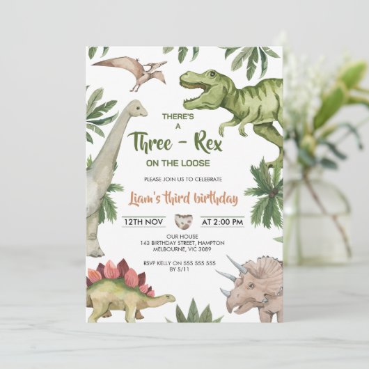 Rustic Green Brown Dinosaur Three-Rex Birthday Kaart (Staand voorkant)