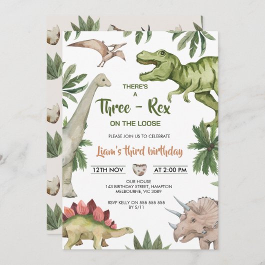 Rustic Green Brown Dinosaur Three-Rex Birthday Kaart (Voorkant / Achterkant)