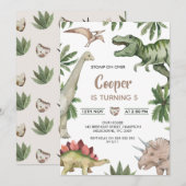 Rustic Green Brown Stomp On Over Dinosaur Birthday Kaart (Voorkant / Achterkant)