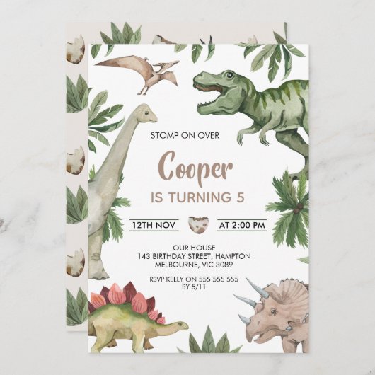 Rustic Green Brown Stomp On Over Dinosaur Birthday Kaart (Voorkant / Achterkant)