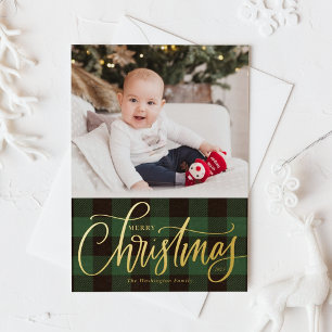 Rustic Green Buffalo Pset Merry-kerstfoto Folie Feestdagenkaart