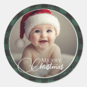 Rustic Green Buffalo Pset Merry-kerstfoto Ronde Sticker (Voorkant)