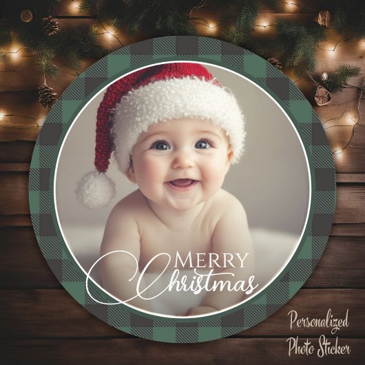 Rustic Green Buffalo Pset Merry-kerstfoto Ronde Sticker