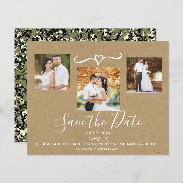 Rustic Green Camo Kraft Photo Save the Date (Voorkant / Achterkant)