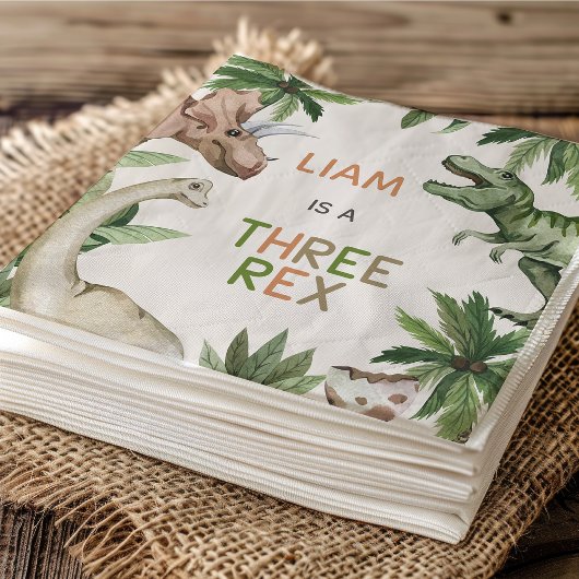 Rustic Green Dinosaur Three Rex 3e verjaardag Servet