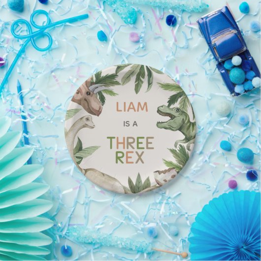 Rustic Green Dinosaur Three Rex 3rd Birthday  Papieren Bordje (Feest)