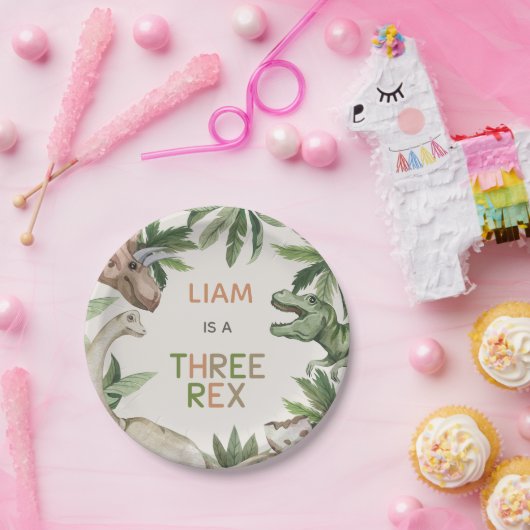 Rustic Green Dinosaur Three Rex 3rd Birthday  Papieren Bordje (Feest)
