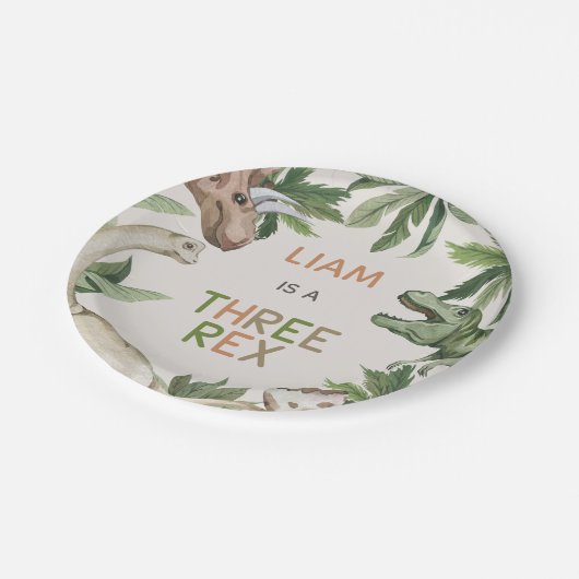 Rustic Green Dinosaur Three Rex 3rd Birthday  Papieren Bordje (Gekanteld)