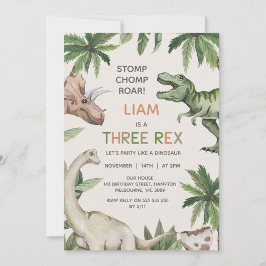 Rustic Green Dinosaur Three Rex Birthday Kaart (Voorkant)