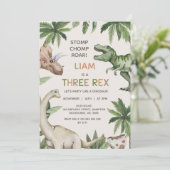 Rustic Green Dinosaur Three Rex Birthday Kaart (Staand voorkant)