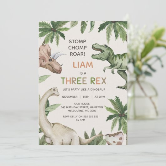 Rustic Green Dinosaur Three Rex Birthday Kaart (Staand voorkant)