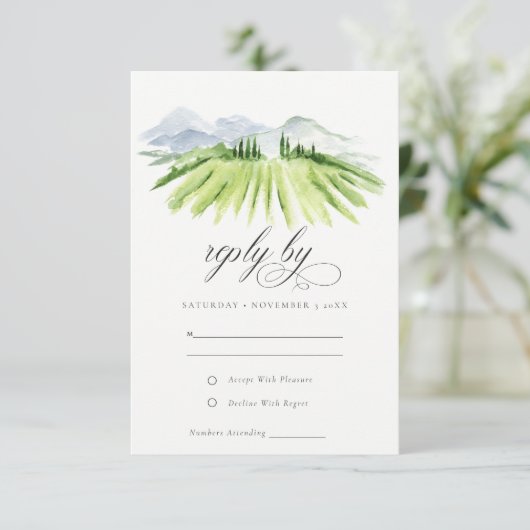 Rustic Green Dusky Blue Winery Vineyard Wedding RSVP Kaartje (Staand voorkant)