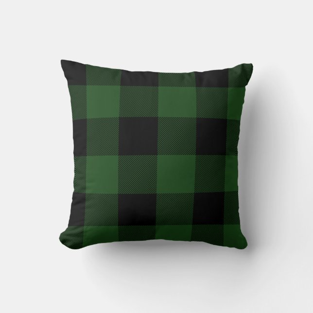 Rustic Green en Black Buffalo Check Plaid Kussen (Voorkant)