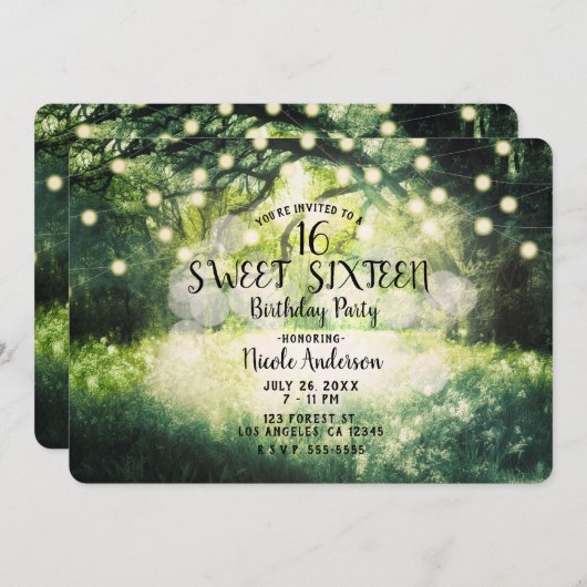 Rustic Green Enchanted Forest Lights Sweet 16 Kaart (Voorkant / Achterkant)