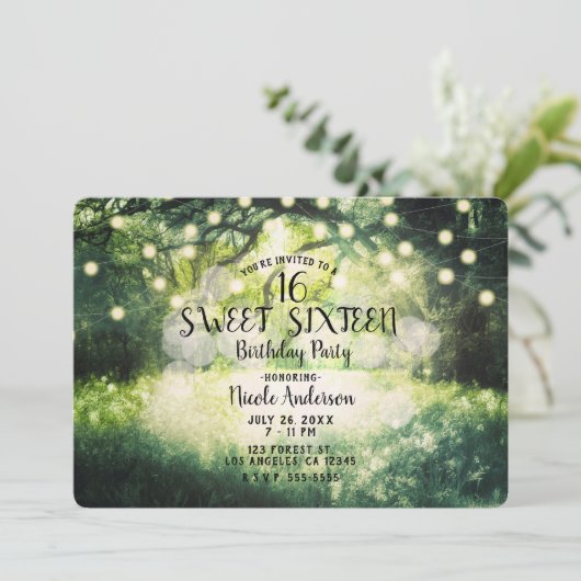 Rustic Green Enchanted Forest Lights Sweet 16 Kaart (Staand voorkant)