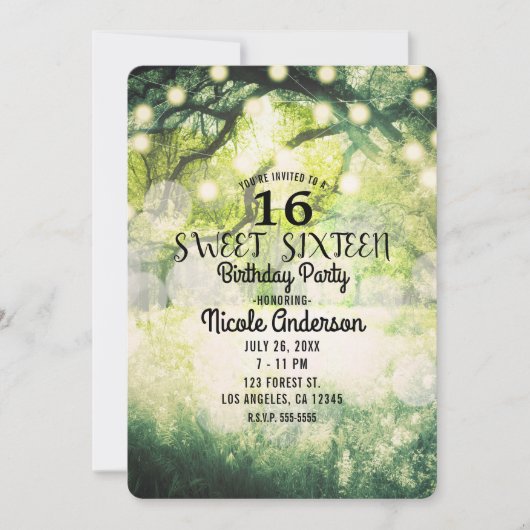 Rustic Green Enchanted Forest Lights Sweet 16 Kaart (Voorkant)