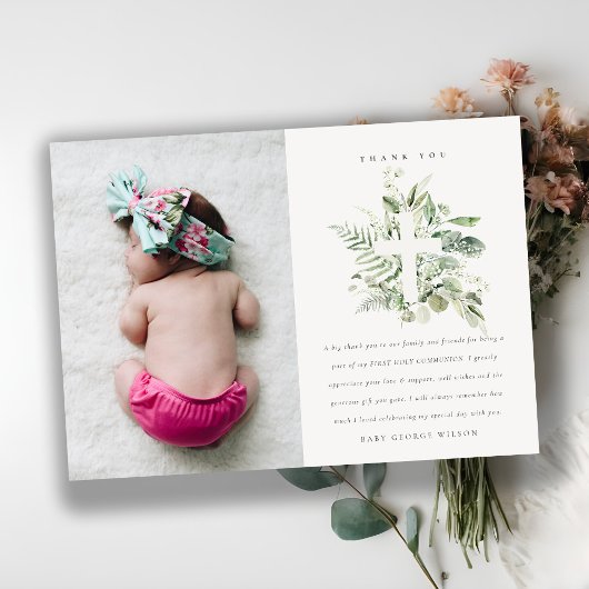 Rustic Green Eucalyptus Fauna Cross Foto Baptisme Bedankkaart