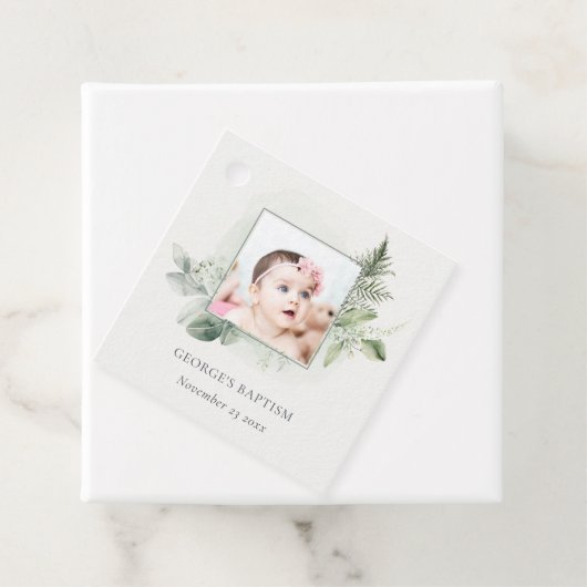 Rustic Green Eucalyptus Fern Foliage Foto Baptisme Bedankjes Labels (In situ)