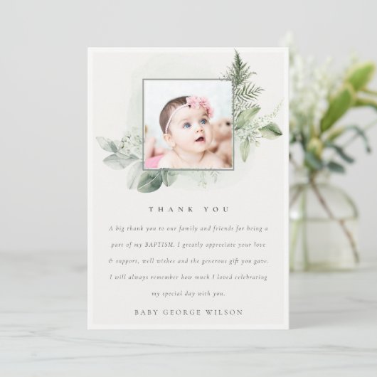 Rustic Green Eucalyptus Fern Foliage Foto Baptisme Bedankkaart (Staand voorkant)