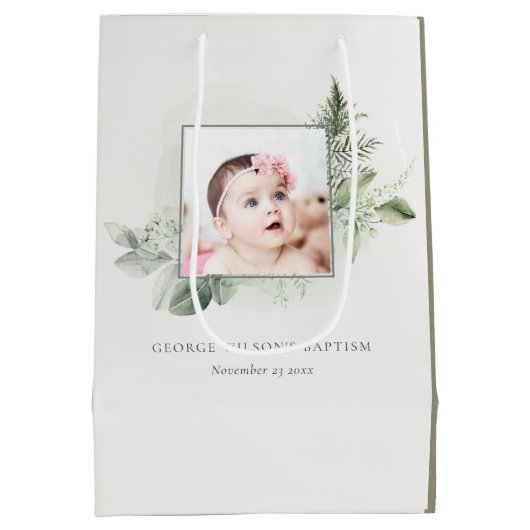 Rustic Green Eucalyptus Fern Foliage Foto Baptisme Medium Cadeauzakje (Achterkant)