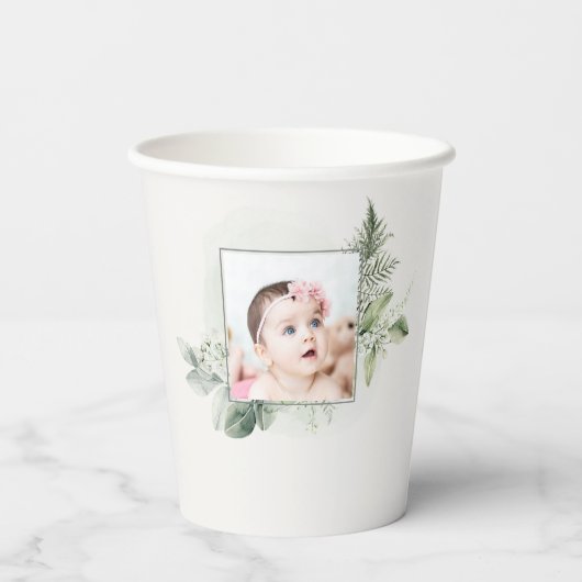 Rustic Green Eucalyptus Fern Foliage Foto Baptisme Papieren Bekers (Achterkant)