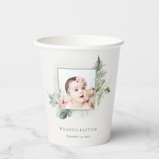 Rustic Green Eucalyptus Fern Foliage Foto Baptisme Papieren Bekers (Voorkant)