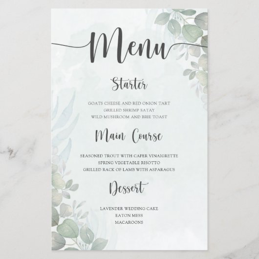 Rustic Green Eucalyptus Wedding Menu (Voorkant)