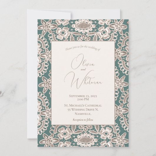 Rustic Green Faux Lace Wedding Invitations Kaart (Voorkant)
