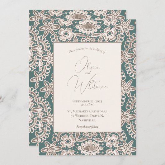 Rustic Green Faux Lace Wedding Invitations Kaart (Voorkant / Achterkant)
