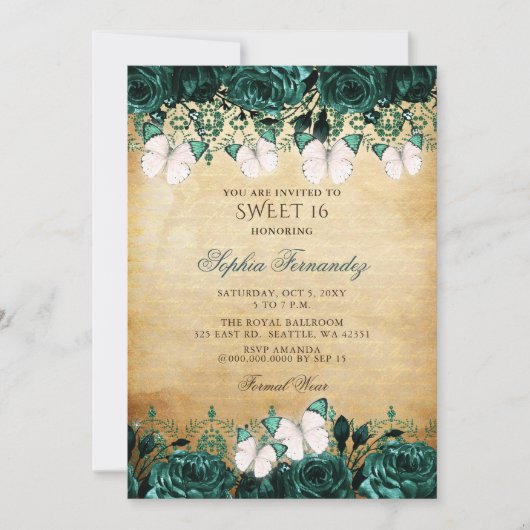 Rustic  Green Floral Butterfly Sweet 16 Kaart (Voorkant)