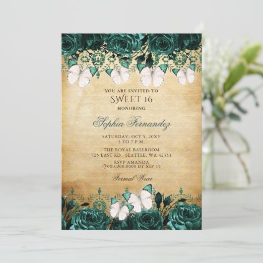 Rustic  Green Floral Butterfly Sweet 16 Kaart (Staand voorkant)