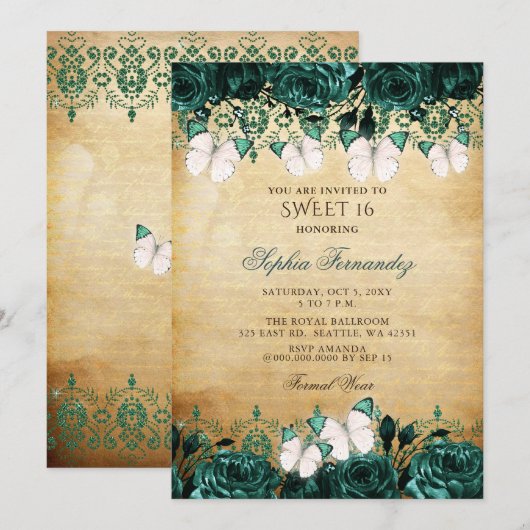 Rustic  Green Floral Butterfly Sweet 16 Kaart (Voorkant / Achterkant)
