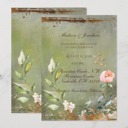 Rustic Green Floral Gold Script Wedding Kaart (Voorkant / Achterkant)