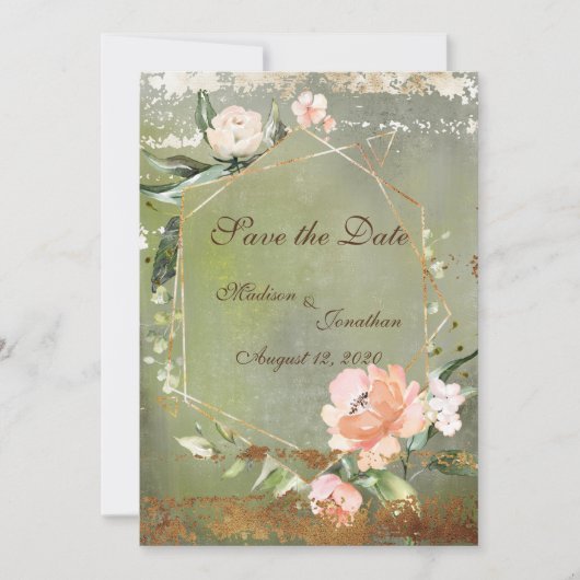 Rustic Green Floral Gold Script Wedding Save The Date (Voorkant)