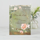 Rustic Green Floral Gold Script Wedding Save The Date (Staand voorkant)
