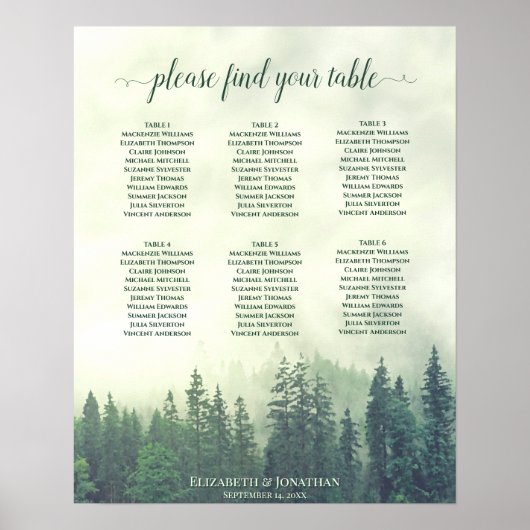 Rustic Green Forest 6 Table Wedding Seating Chart Poster (Voorkant)