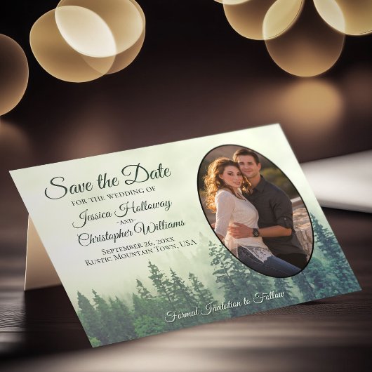 Rustic Green Forest met Oval Photo Wedding Save The Date