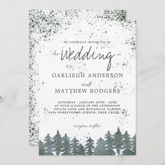 Rustic Green Forest Snowy Winter Wedding Kaart (Voorkant / Achterkant)