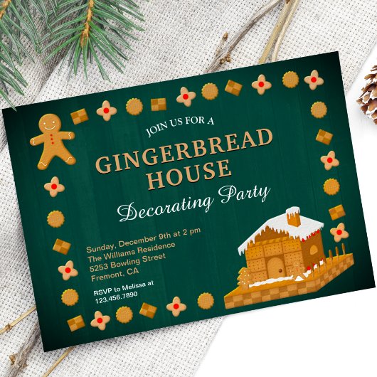 Rustic Green Gingerbrood House Decorting Party Kaart