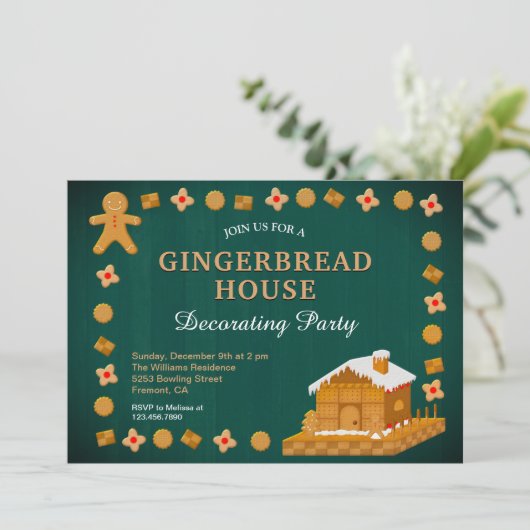 Rustic Green Gingerbrood House Decorting Party Kaart (Staand voorkant)