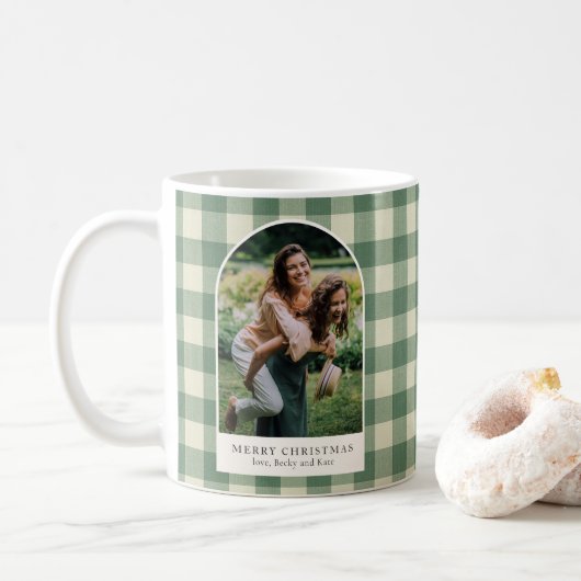 Rustic Green Gingham Arch Foto Moderne Kerst Koffiemok (Met donut)