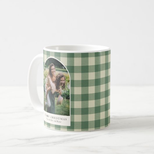 Rustic Green Gingham Arch Foto Moderne Kerst Koffiemok (Voorkant links)