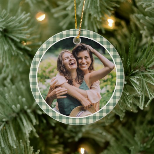 Rustic Green Gingham Foto Moderne Kerstmis Keramisch Ornament (Boom)