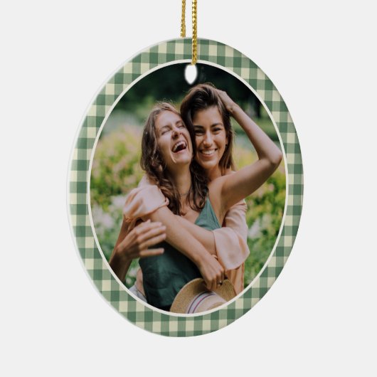 Rustic Green Gingham Foto Moderne Kerstmis Keramisch Ornament (Rechts)