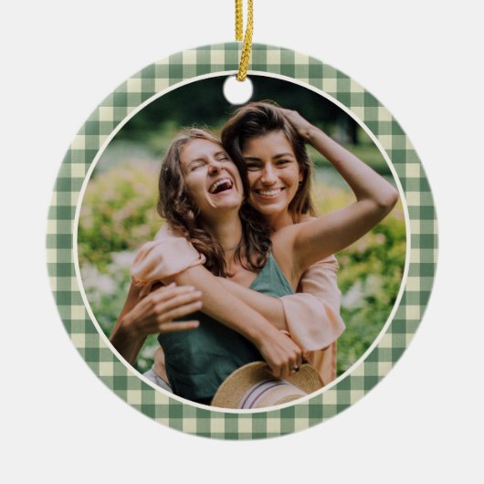 Rustic Green Gingham Foto Moderne Kerstmis Keramisch Ornament (Voorkant)